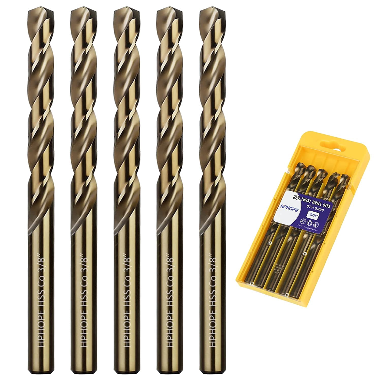 3/8 Inch Cobalt Drill Bits 5Pcs - M35 HSS Metal Twist Drill Bits Set, Jobber Drill Bits Length and Straight Shank, Suitable for Drilling in Hard Metal, Stainless Steel, Cast Iron