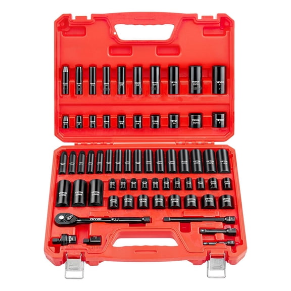 3/8 Inch Drive 64 Piece Impact Socket Set SAE 5/16 to 1 Inch and Metric 6 to 24mm 6 Point Deep Shallow Sockets Chrome Vanadium Steel with 3 Inch 6 Inch Extension Bars Toolbox