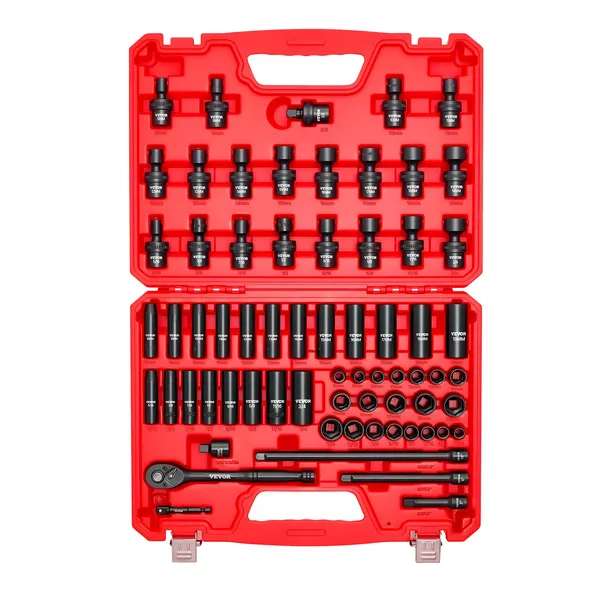 3/8 Inch Drive 67 Piece Impact Socket Set SAE 5/16 to 3/4 Inch Metric 8 to 19 mm 6 Point Shallow Deep Swivel Sockets Adapters Cr-V Cr-Mo Steel Carrying Case