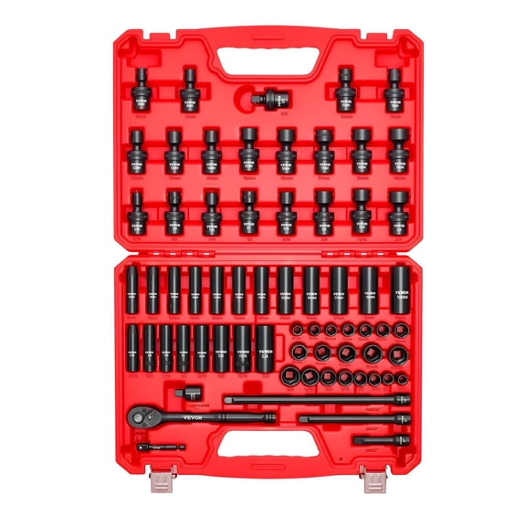 3/8 Inch Drive 67 Piece Impact Socket Set SAE 5/16 to 3/4 Inch Metric 8 to 19mm 6 Point Shallow Deep Swivel Sockets Adapters CrV CrMo Steel Case