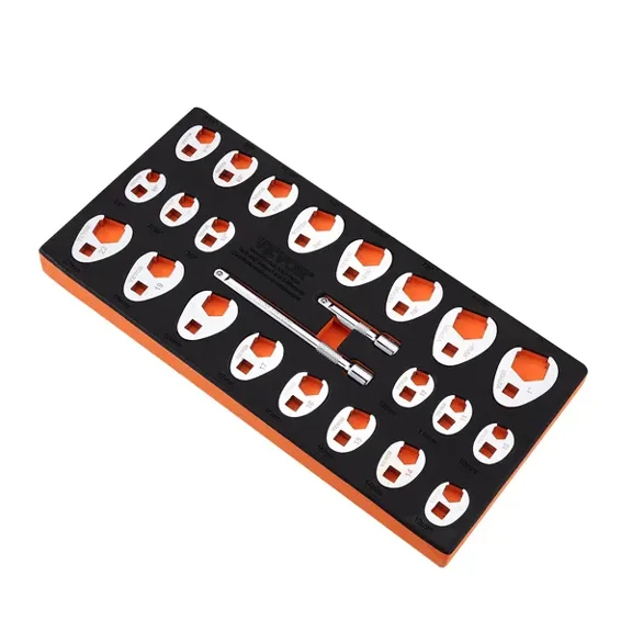 3/8 Inch Drive Crowfoot Wrench Set 24 Piece SAE 3/8 to 1 Inch Metric 10 to 22 mm with 2 Extension Bars CR MO Steel and EVA Tool Organizer