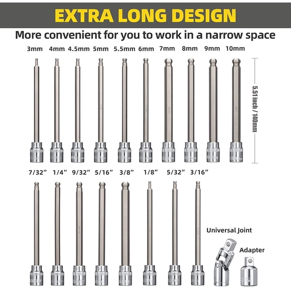 3/8 Inch Drive Extra Long Hex Bit Socket Set, 20-Piece Ball End Allen Socket Set With SAE and Metric 1/8 Inch to 3/8 Inch & 3mm to 10mm, CR-V and S2 Steel