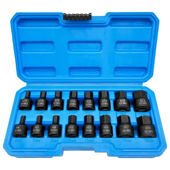 3/8 Inch Drive Low Profile Impact Hex Driver Set 16 Pcs SAE/Metric 1/4-3/4 Inch 6-19mm -Mo Steel