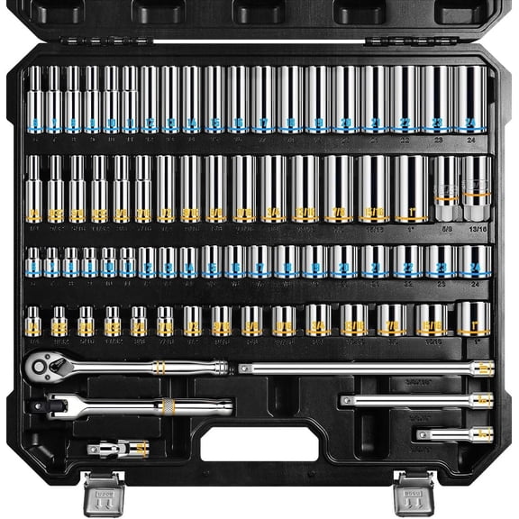 3/8-Inch Drive Socket Wrench Set, 76- Metric (6-24mm) & SAE (1/4" to 1"), Deep & Shallow Kit with Embossed & Painted Markings, Ratchet Handle, Spark Plug Sockets, Breaker Bar