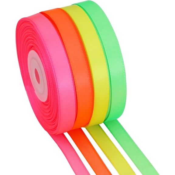 3/8 Inch Fluorescent Color Satin Ribbon 4 Rolls 100 Yards Fluorescent Pink/Orange/Green/Yellow Thin Ribbon for Gift Wrapping Bows Crafts Birthday Easter Halloween Spring Decor (25Yd/Roll)