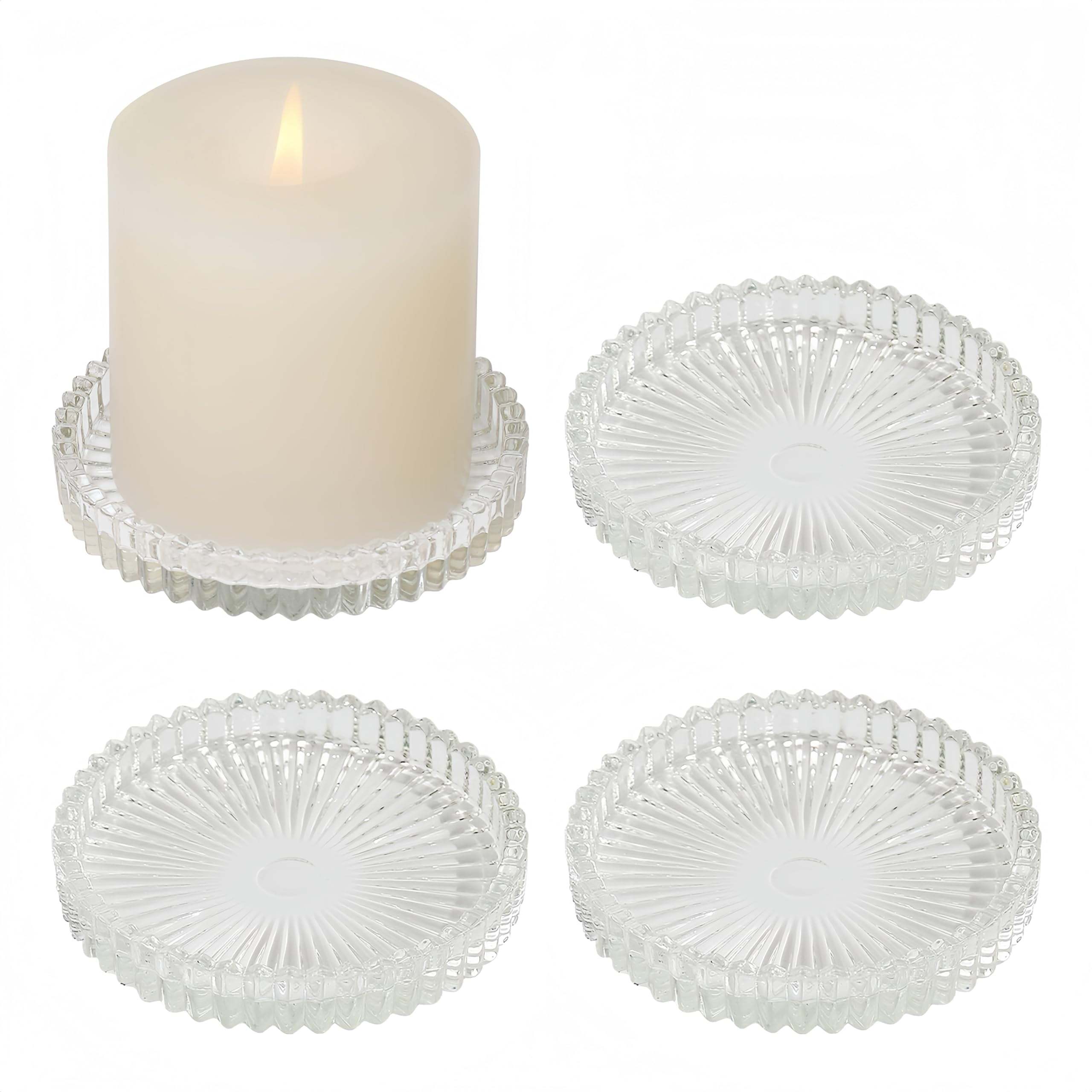 3.8 Inch Glass Pillar Candle Holder Set Pack 4 Gear Round Plate ...