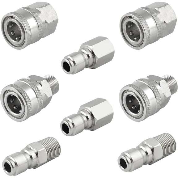 3/8 Inch Pressure Washer Quick Connect Fittings, Stainless Steel Adapter Set with Male and Female Threads, Power Washer Coupler Kit, 8 Pieces