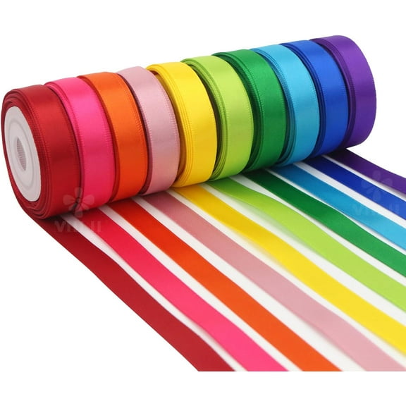 MEEDEE 3/8 Inch Satin Ribbon Set 10 Rolls Rainbow Double Face for Gift Wrapping, 5 Yards Each (Total 50 Yards), Decorative Presents & Party Favors