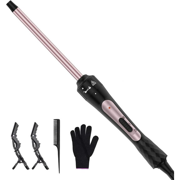 3/8 Inch Small Ceramic Tourmaline Curling Wand - Mini Curling Iron for Short & Long Hair with Fast 30-Second Heat Up, 2 Temp Settings (356F/410F), Heat Resistant Glove & 2 Clips Included