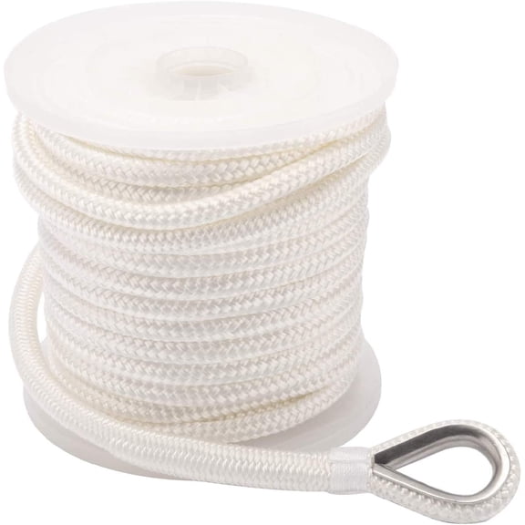 3/8 Inch X 200 Feet Double Braid Nylon Anchor Line with Stainless Steel Thimble and Plastic Chuck (White)