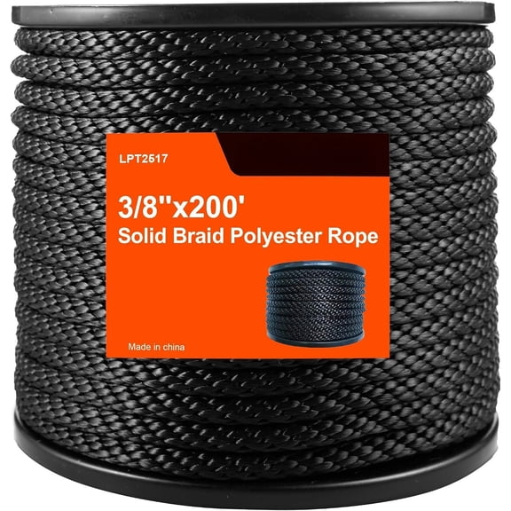 3/8 Inch x 200 FT Black Polyester Solid Braid Rope - UV & Abrasion Resistant, Low Stretch, Multipurpose for Flagpole Halyard, Clothesline, Camping, and Utility Tasks