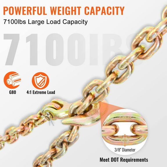 7100lbs Safe Load G80 Tow Chain, 3/8 Inch x 20 Feet Transport Binder Chain with Grab Hooks, Heavy Duty Logging Chain for Industrial Transport Applications