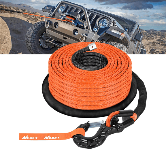 3/8 Inch x 92 FT Synthetic Winch Rope Kit,25000 lbs Orange Winch Line Cable with 35000 lbs Forged Steel Hook,Black Protective Sleeve and Safety Pull Strap for Truck SUV ATV UTV 4WD Off-Road Recovery