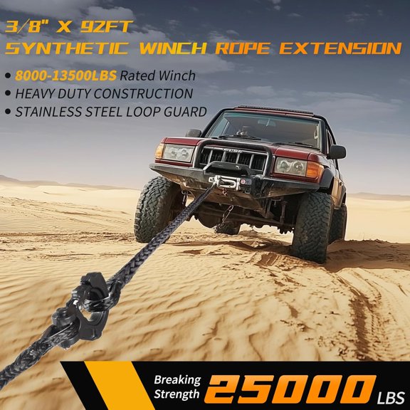 3/8 Inch x 92 Feet Synthetic Winch Rope Extension 26,500lbs for Off Road Vehicle ATV UTV SUV