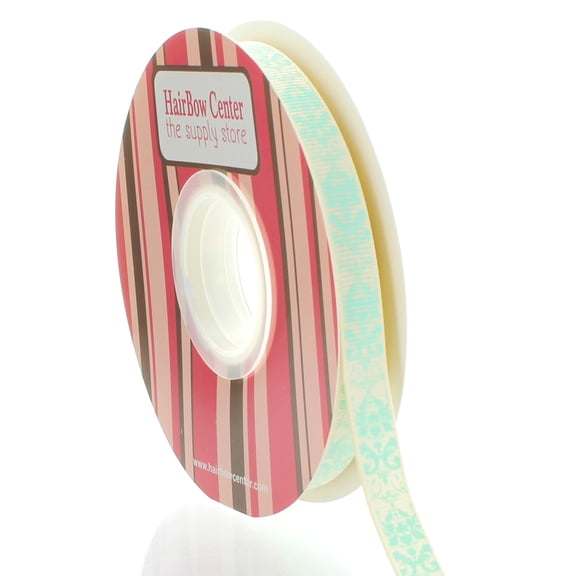 3/8" Ivory w/ Aqua Damask Grosgrain Ribbon 25 Yard