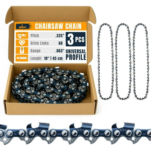 3/8" LP Pitch .043" Gauge 45DL 12" Chainsaw Chain 3 Pack Low-Profile Full-Chisel Chrome Cutters, Dolmar, achs, Dewalt, Milwaukee