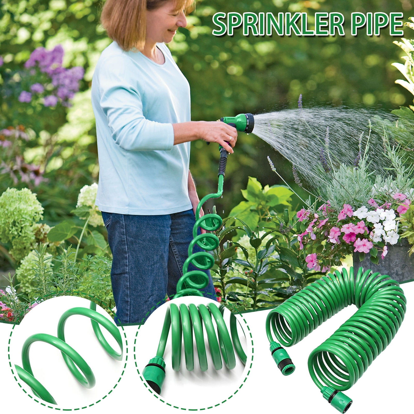 3/8" Lightweight Coil Garden Hose 50 FT, ABS Flexible Curly Water Pipes with 6-Pattern Spray Nozzle for Boat, Greenhouse, Yard, Patio, Green