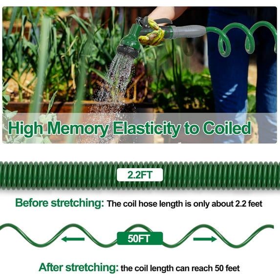 3/8" Lightweight EVA Coil Garden Hose 50 FT with 6-Pattern Spray Nozzle for Yard, Boat, Greenhouse,