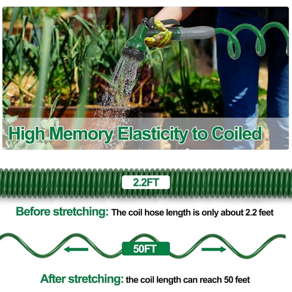3/8" Lightweight EVA Coil Garden Hose 50 FT with 6-Pattern Spray Nozzle for Yard, Boat, Greenhouse,