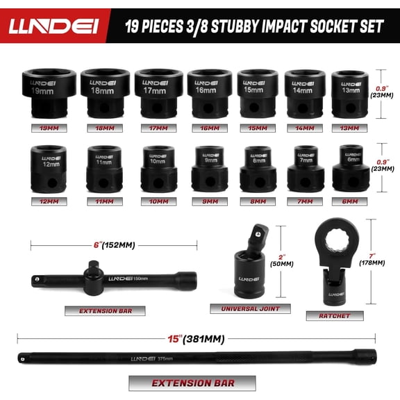 3/8" Nano Sockets, Drive Stubby Impact Socket Set, 19-Piece Long Flex Head Ratcheting Wrench Set Extension Bar(6"-15"), 6-19mm Metric Stubby Socket Set, Cr-Mo material
