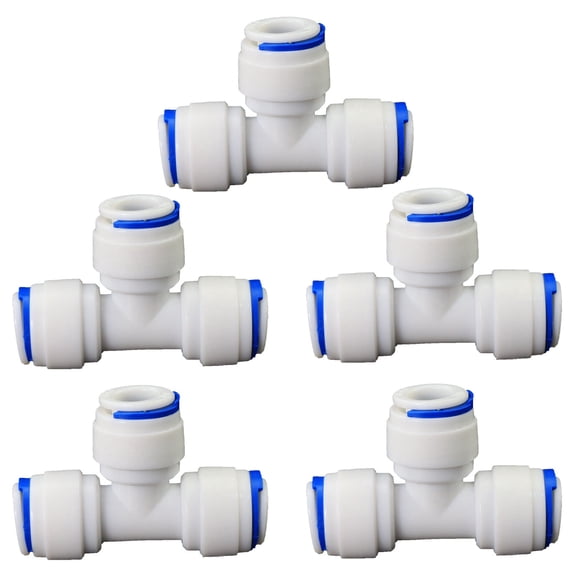 3/8" OD PE Hose Push-In Tee Fitting, T-Shaped Quick Connect Adapter for 5-Stage RODI Water Purification System, 5 PCS