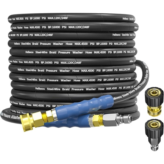 3/8" Pressure Washer Hose 50 FT Non Marking, Hot&Cold Water Commercial Power Washer Hose, 4500 PSI Industrial Grade Steel Wire Braided Kink Proof Extension Hose with 3/8 Quick Connect