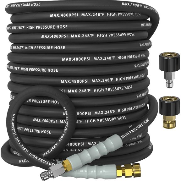 3/8" Pressure Washer Hose 50FT 4800 PSI, Kink Resistant Steel Braided Layer & NonMarking Rubber for Hot/Cold Water, High Power Washer Hose With 3/8 Inch Quick Connect & M22 Fitting, Black
