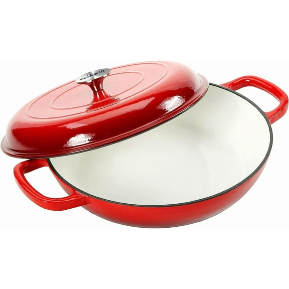 3.8 Quart Enameled Cast Iron Casserole Braiser, Heavy Duty Skillet with Lid and Dual Handles, Porcelain Surface Casserole Dish, Dutch Oven Gifts for Family, Red