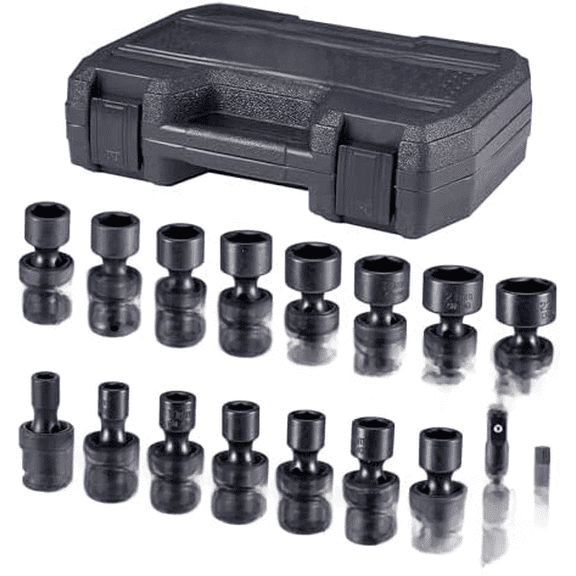 3/8" Shallow Universal Wobble Socket, Impact Swivel Socket Set, 17pcs, CR-MO, Metric (8-22mm), 6-Point with Extension Bar, 1/4" Hex Shank, and Storage Case$$Tools & Hardware Other