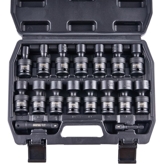 3/8" Shallow Universal Wobble Socket, Impact Swivel Socket Set, 17pcs, CR-MO, Metric (8-22mm), 6-Point with Extension Bar, 1/4" Hex Shank, and Storage Case