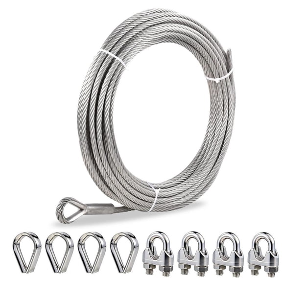 3/8 Stainless Steel Cable, 100ft Wire Rope with Wire Rope Clamps and Thimble, 12000lbs Breaking Strength, 7X19 Strands Aircraft Cable for Yard Zipline, Deck Railing, Boat Lifts