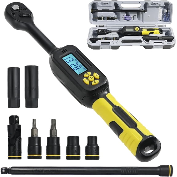 3/8 Torque Wrench Digital (5.02-99.6 Ft.Lb)2% High accuracy Spark Plug Socket & Tire, Electric Torque Wrench Digital with Extension Bars, Buzzer and LED Flash Alert, for Bike/Moto/Auto Repair