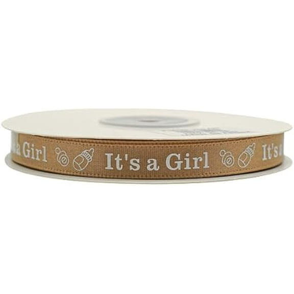 3/8" X 25 Yard Single Face "It's a Girl" Printed Baby Shower Satin Ribbon Gender Reveal Party Birthday Decoration for Games, Gifts, Pacifier Favors (Tan)