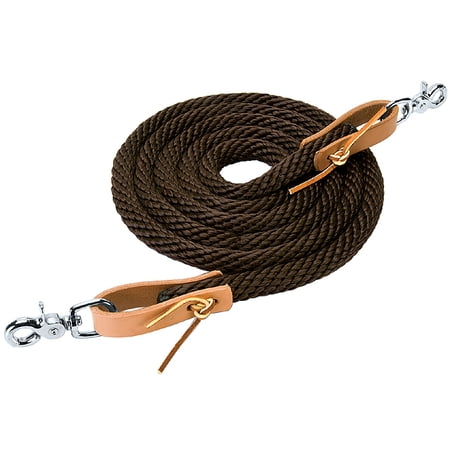 Weaver Leather Soft Poly Roper Reins with Scissor Snaps and Russet Harness Leather Water Loops - 3/8" x 8' Brown