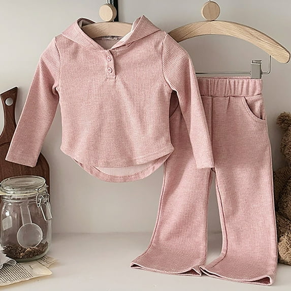 Conjunto de dos piezas con capucha y pantalones rectos de color liso para niños de 3 a 8 años, informal, con botones y manga larga