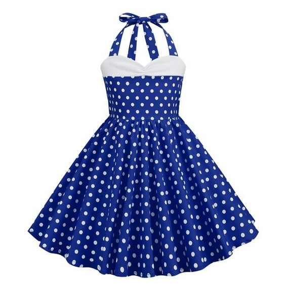 3-8 Years Polka Dot Dress for Girls 50s 60s Rockabilly Halter A-line Dresses Casual Flowy Vintage Audrey Dress for Party