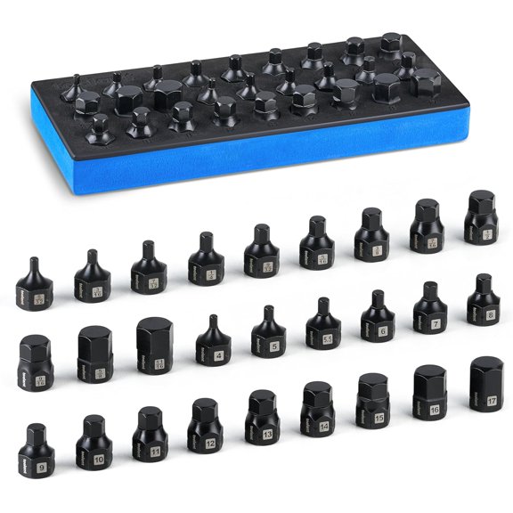 3/8"drive impact hex bit socket set 27PCS,Hex Drive, SAE/Metric, 5/32"-11/16",4mm-17mm, S2 Steel Air Drive Allen Socket set,Impact GradeAnti-Roll Design