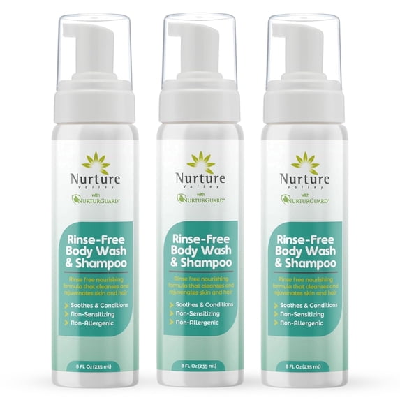Nurture Rinse Free Body Wash & Shampoo, Hospital Grade Waterless Cleansing Foam for Hair & Body, Ideal for Sensitive Skin, Women, Elderly, 3 Pack