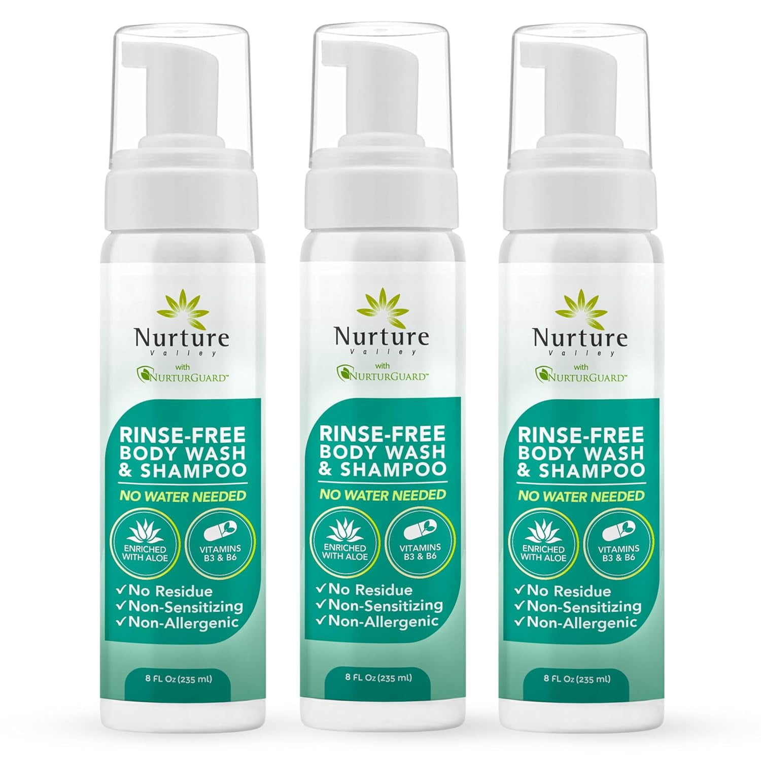 Nurture Rinse Free Body Wash & Shampoo, Hospital Grade Waterless Cleansing Foam for Hair & Body, Ideal for Sensitive Skin, Women, Elderly, 3 Pack