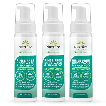 Nurture Rinse-Free Body Wash & Shampoo, 8 oz No-Rinse Waterless Cleansing Foam with Aloe Vera for Hair & Body, Sensitive Skin, Women & Elderly, 3 Pack