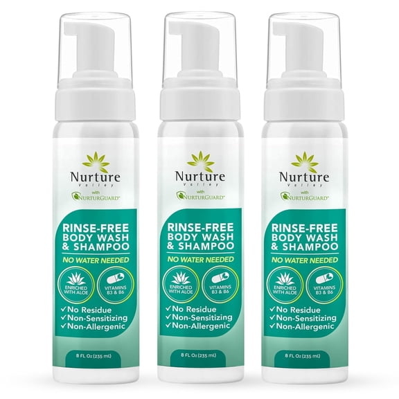 Nurture Rinse-Free Body Wash & Shampoo, 8 oz No-Rinse Waterless Cleansing Foam with Aloe Vera for Hair & Body, Sensitive Skin, Women & Elderly, 3 Pack