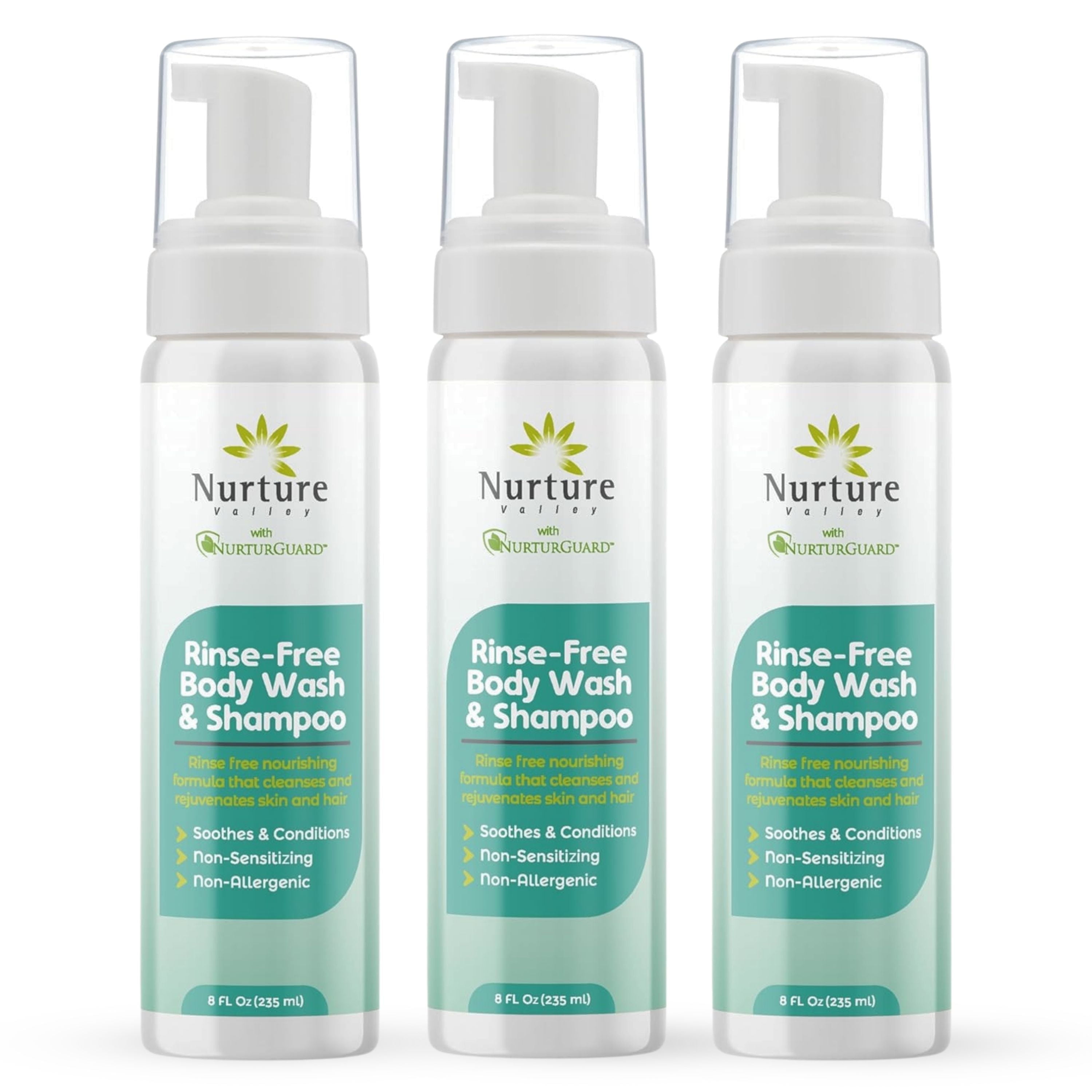 Nurture Valley Rinse-Free Body Wash & Shampoo, Aloe Vera, 8 oz, 3-Pack
