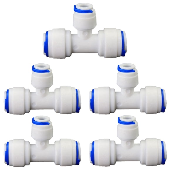 3/8" x 1/4" x 3/8" FPT T-Shaped Tee Push-In Quick Connect Fitting, Plastic Pipe Connector for RODI Reverse Osmosis Water Purifier System, 5 PCS