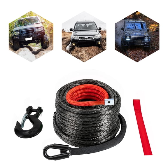 3/8" x 100' Synthetic Winch Rope with Hook, Winch Cable with Protective Sleeve, Car Tow Recovery Cable for 4WD Off-Road Vehicle Truck ATV UTV SUV 23,809 LBS Breaking Strength (Black)