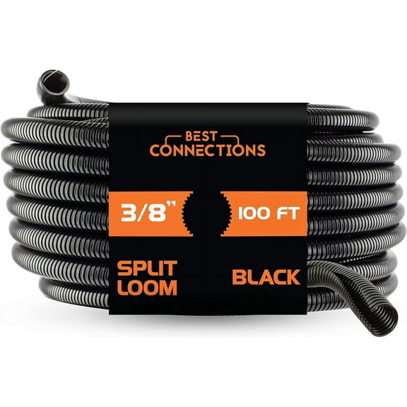 (3/8" x 100 ft) Split Wire Loom Flex-Guard Convoluted Tubing Protective Split Cable Sleeves for Automotive Home Industrial Electrical Wires Chemical Resistant Conduit Black