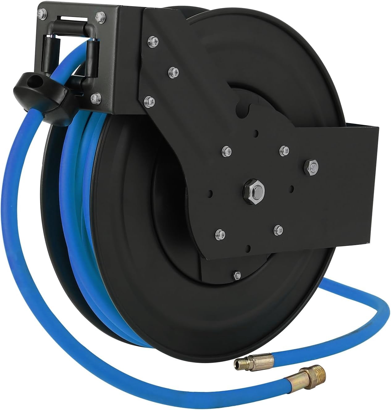 3/8 in x 25 ft Retractable Air Hose Reel - Strong Hybrid Hose, Effortless Auto Rewind, 180° Mount Bracket, Durable Construction Ceiling/Wall Mount Heavy Duty Double Arm Steel Reel