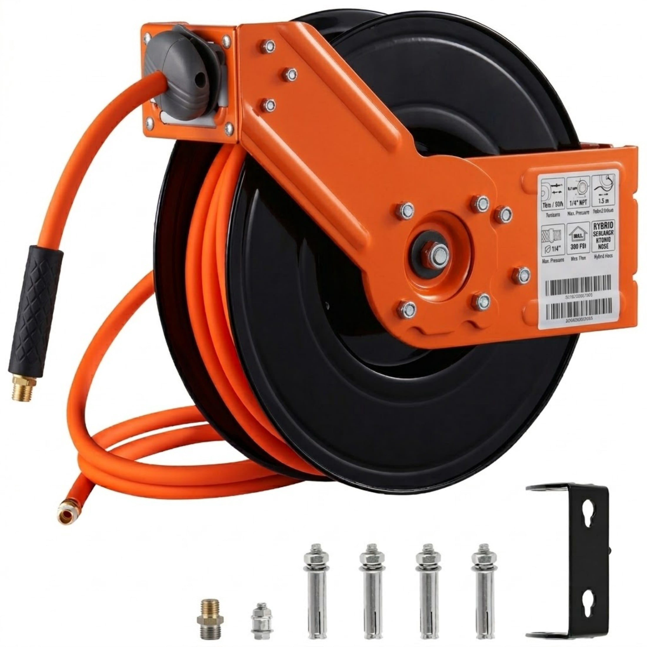 3/8" x 50' Retractable Air Hose Reel, Heavy Duty Double Arm Steel Reel with 300 PSI Hybrid Hose