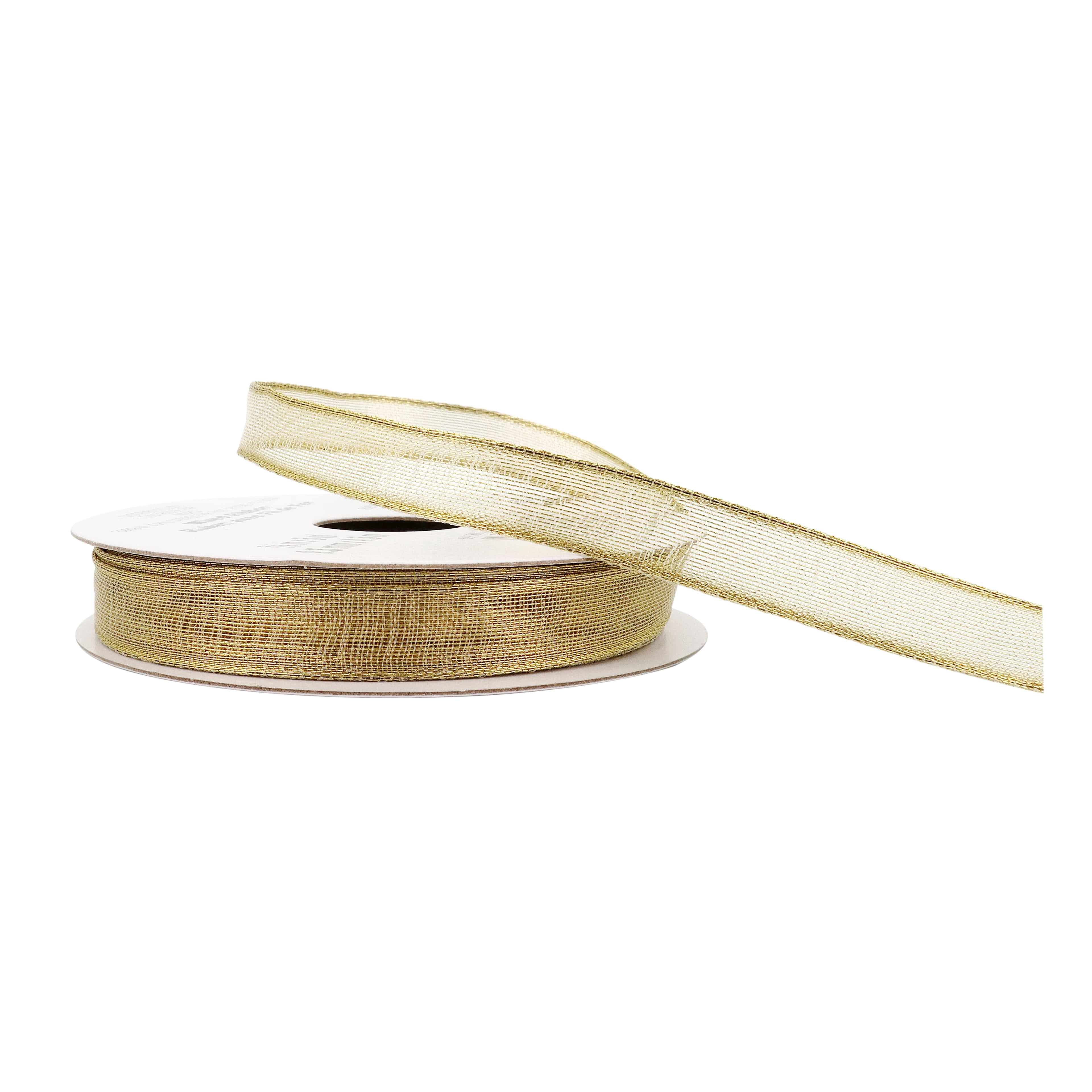 3/8" x 5yd. Gold Metallic Sheer Wired Ribbon by Celebrate It – Wired with Woven Selvedge - Polyester/Metallic/Nylon - Ideal for Gift Wrapping - Decor & Crafts - 24 Pack