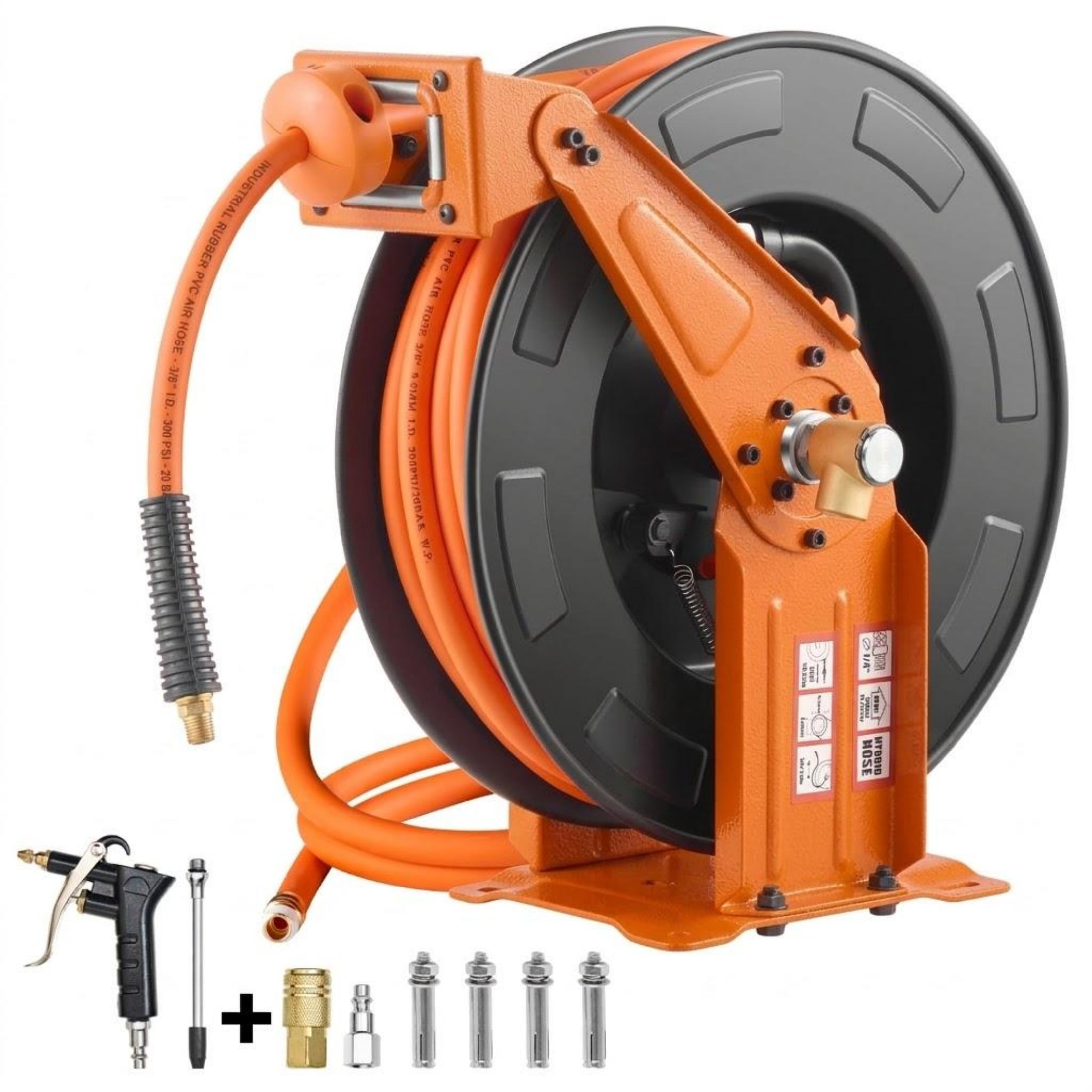 3/8" x 65 ft Retractable Air Hose Reel, Heavy Duty Double Arm Steel Reel with 300 PSI Hybrid Hose