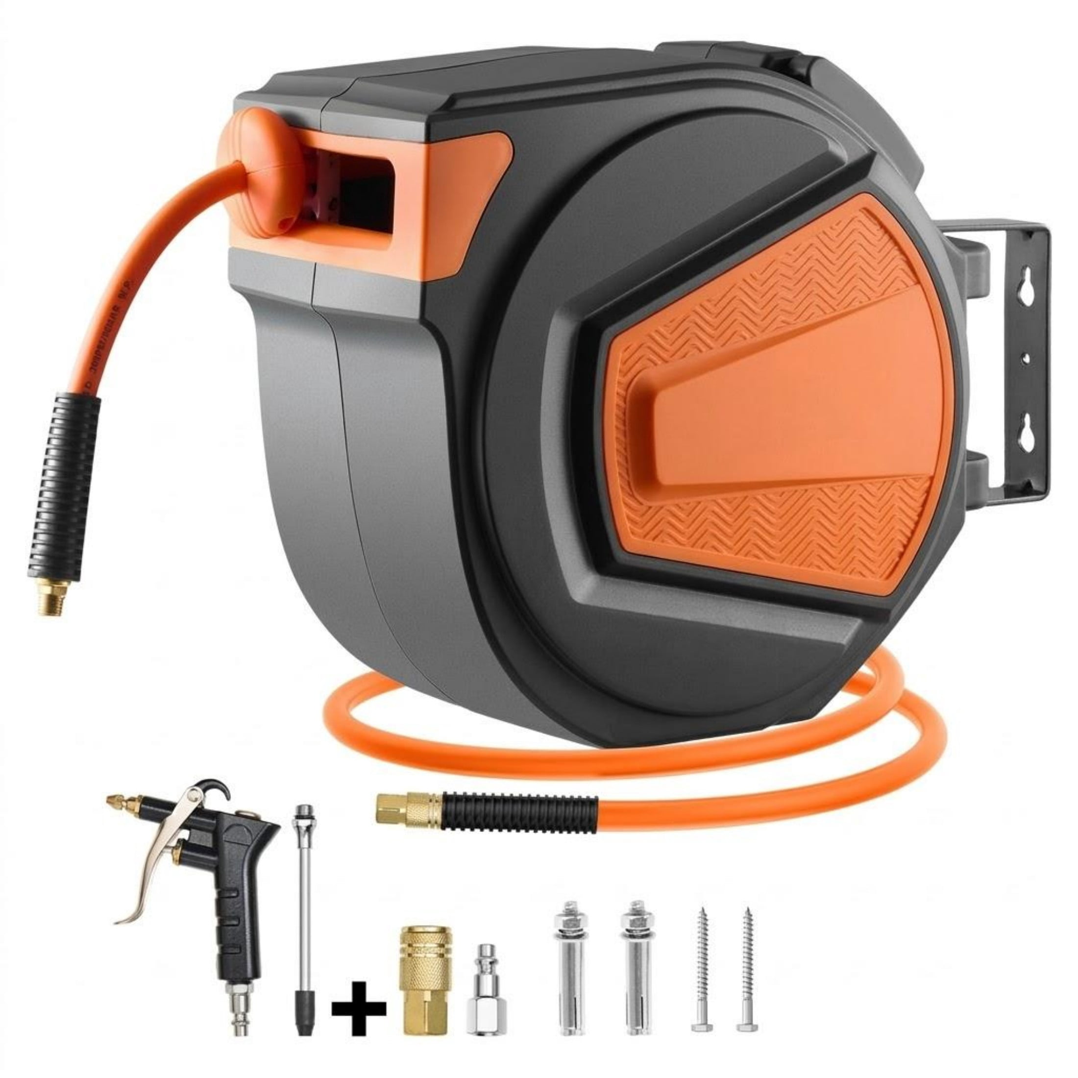 3/8" x 65 ft Retractable Air Hose Reel, Hybrid Hose Max 300 PSI, Auto-Rewind with 6.6 ft Lead, Ceiling/Wall Mount, 180° Swivel Bracket